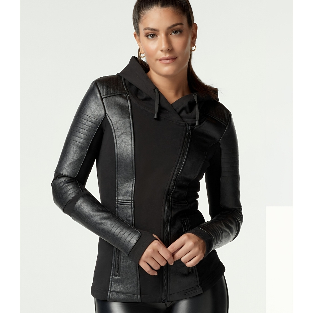 Blanc Noir Black Asym Hooded Moto Jacket Faux Leather XS